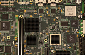 View of a computer circuit board with various chips
