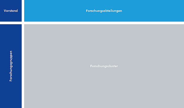 Die Abbildung zeigt eine einfache Matrix mit einer Spalte und einer Zeile. Die Forschungsabteilungen (Spalte) stehen senkrecht zu den Forschungsgruppen (Zeile). In der einzigen Zelle steht "Forschungscluster".